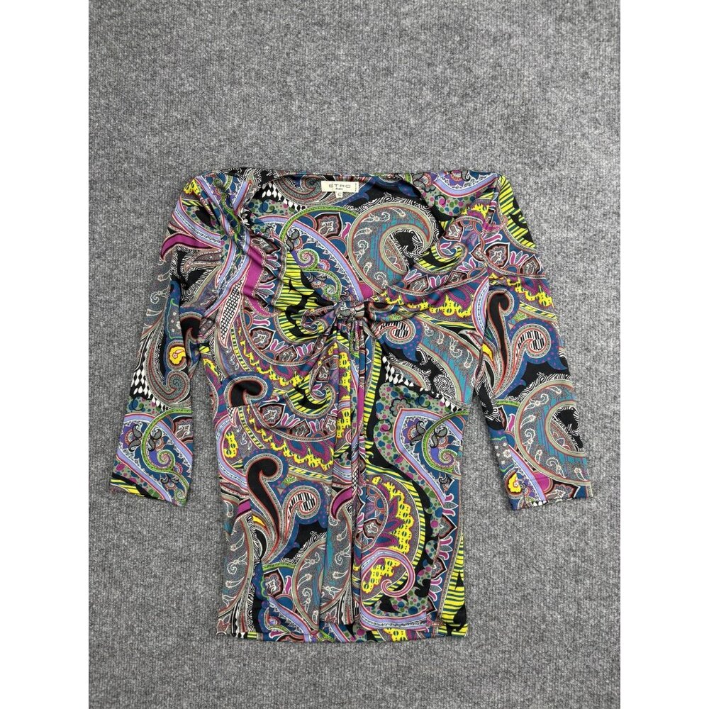 Etro Milano Shirt Womens 42 Multicolor Paisley‎ Ruched Front 3/4 Sleeve Top